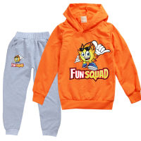 Fun Squad เสื้อสเวตเตอร์มีฮู้ดสำหรับเด็ก,ชุดกางเกง2ชิ้นพิมพ์ลายสีลำลองสำหรับนักวิ่งสำหรับฤดูใบไม้ผลิและฤดูใบไม้ร่วงปี8739