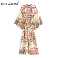 Boho Queens Vintage Chic ผู้หญิง Multi ดอกไม้พิมพ์ Sashes โบฮีเมียนกิโมโนสุภาพสตรี V คอ Batwing แขน Maxi Robe Cover-Ups