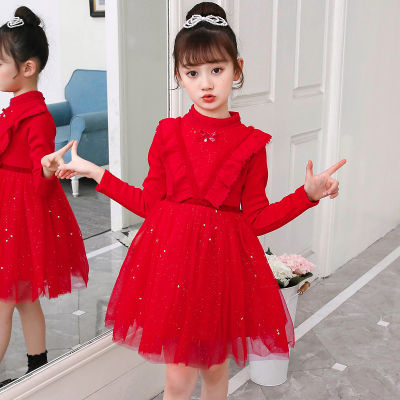 สีแดงสาวเจ้าหญิงชุด A-Line ฤดูใบไม้ร่วงฤดูหนาวชุดคริสต์มาสเวอร์ชั่นเกาหลีเจ้าหญิงตาข่ายชุดขนแกะแขนยาว