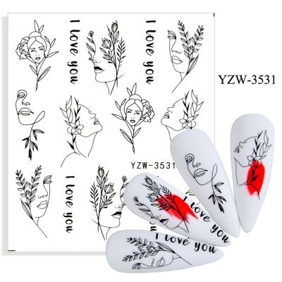 【LZ】 Big Patten Words Nail Stickers For Nails Flower Nail Art Sticker Geometric Black Transfer And Decals Leaf Watermark Nails Decal