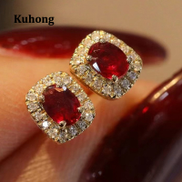 Kuhong ต่างหูแฟชั่นสีแดง Cubic Zirconia หรูหราสีทองอุปกรณ์เสริมสำหรับหูงานแต่งงานสำหรับผู้หญิงเครื่องประดับอเนกประสงค์