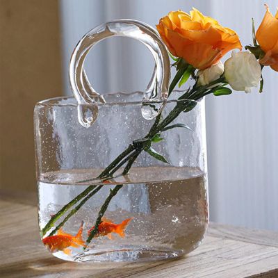 Glass Bag Vase Handbag Shape Clear Vase Fish Bowl With Bubble Multifunction Clear Glass Vase Bag Glass Vase With Handles Hand Blown Clear Vase With Bubbles In It