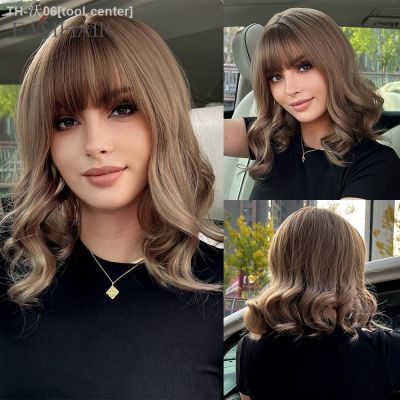 EASIHAIR Ash Brown Blonde Short Wavy Synthetic Wigs with Bangs Natural Bob Hair Wig for Women Daily Cosplay Party Heat Resistant [ Hot sell ] tool center