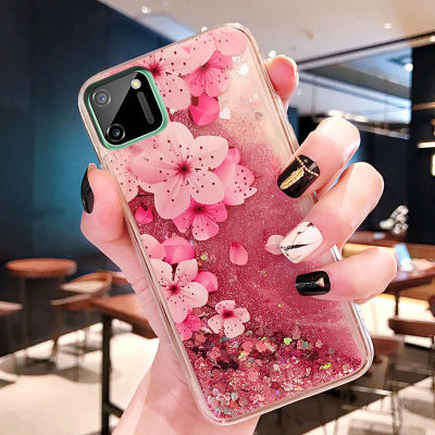 JieFieเคสโทรศัพท์สำหรับRealme C11,เคสหลังโทรศัพท์ซิลิโคนทรายไหลแบบกลิตเตอร์แฟชั่นลายดอกไม้ขนนกฟลามิงโก