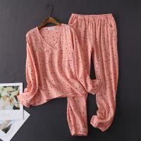 Japanese style spring and autumn womens 100 cotton crepe long-sleeved trousers pajamas comfortable home wear pajama set women