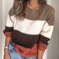 Fashion Patchwork O-neck Autumn Winter Sweater 2022 Women Long Sleeve Warm Knitted Sweaters Pullover Female Tops Jumper