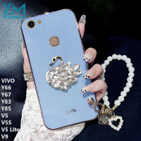 YiaMia เคสโทรศัพท์แฟชั่นสำหรับ VIVO Y66 Y67 Y83 Y85 V5 V5S V5 Lite V9แฟชั่น Chrome Soft TPU Rhinestone Swan โทรศัพท์กรณี + Pearl สร้อยข้อมือเชือกโทรศัพท์