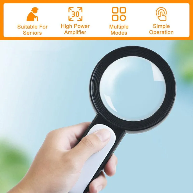 Magnifying Glass with Light, 30X Handheld Large Magnifying Glass with18 LED Cold and Warm Light, 3 Modes Lighted Magnifying Glass for Seniors Reading