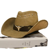 Retro Bull Head Band Unisex Women Men PU Leather Roll Up Wide Brim Sombrero Sun Cap Beach Cowboy Cowgirl Western Hat 58cm