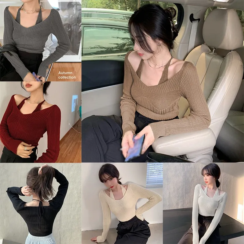 Women's Knit Sweater Long Sleeve Off Shoulder Halter Neck Tops