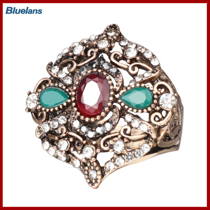 Bluelans®เครื่องประดับแหวนใส่นิ้วรูปดอกไม้พลอยเทียมรูปวงรีทรงหยดน้ำตาสำหรับผู้หญิงแบบย้อนยุคสุดหรู