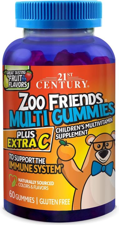 วิตามินรวม-วิตามินซี-แบบกัมมี่-สำหรับเด็ก-และผู้ใหญ่-zoo-friends-multi-gummies-plus-extra-c-great-tasting-fruit-60-gummies-21st-century