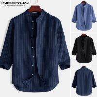 INCERUN Mens Stylish Striped 34 Sleeve Casual Button Down Loose Shirts