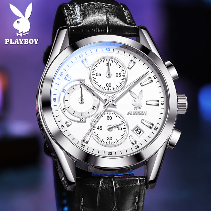 ขายร้อน-playboy-นาฟิกาผู้ชาย-2023-ของแท้-นาฬิกาข้อมือ-chronograph-แบบมัลติฟังก์ชั่นหนังกันน้ำ