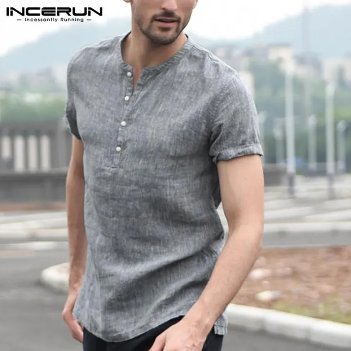 Incerun Mens Solid Casual Linen Breathable Collarless V-Neck Shirt Short  Sleeve T Shirt(Cotton Linen) | Lazada Ph