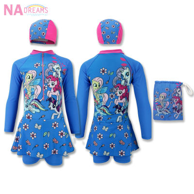 My Little Pony ชุดว่ายน้ำเด็กผู้หญิง พร้อมถุง และ หมวก จาก NADreams ลายการ์ตูนโพนี่ Girl Swimwear รุ่นเด็กโต สีฟ้า