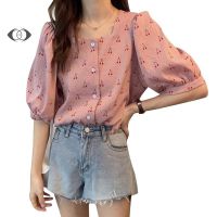 Cherry Print Shirt Summer Square Neck Dark Pattern Polka Dot Top Puff Sleeve Mid-