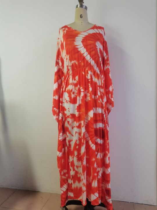 เดรสยาวคอวีพิมพ์ลายของผู้หญิง-s-5xl-ชุดเดรสยาวผ้าโพลีเอสเตอร์สำหรับฤดูร้อนสีส้มสีม่วงและผู้หญิงครึ่งแขน