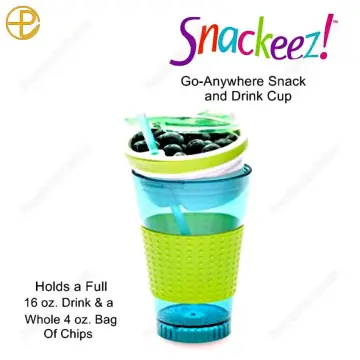 Snackeez Travel Snack & Drink Cup with Straw, Blue, 16 oz 