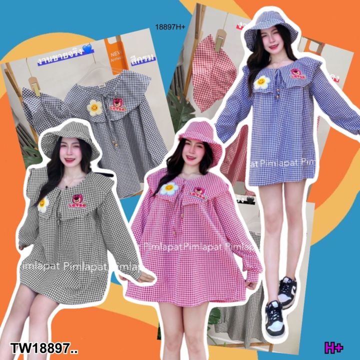 tw18897-minidress-ทรงโอเวอร์ไซร์มาพร้อมหมวก-แต่งดอกไม้-ลายสก็อต