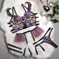 2023 Korean 3-Piece Floral Embroidery Lingerie Set Mesh Patchwork Vintage Brief Garter Kit Sexy Erotic Set