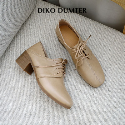 DikoDumter รองเท้ารองเท้าส้นตึกนิ้วเท้าเหลี่ยมแฟชั่นสำหรับผู้หญิงรองเท้าผูกเชือกใหม่สีทึบสองชิ้น