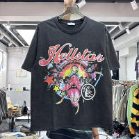 ผ้าหนักวินเทจ Hellstar บทคัดย่อปีศาจพิมพ์เสื้อยืดผู้ชายผู้หญิงฮิปฮอปล้างทำให้เก่าหลวมขอบแขนสั้น