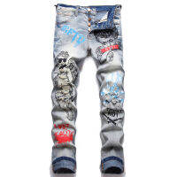 【CW】Men Skull Print Jeans Trendy Character Slogan Painted Stretch Pants Vintage Punk Button Fly Holes Ripped Slim Tapered Trousers