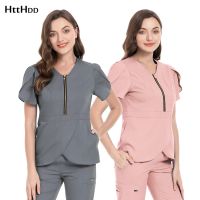 Women nursings T-shirts Short Sleeve V-neck Work Uniform Solid Color Zip Patchwork Shirt Scrub Tops 2 Pockets nursing Uniform Blouse