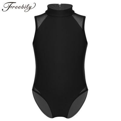 Kids Girls Sleeveless Mock Neck Mesh Splice Back Zipper Closure Ballet Dance Gymnastics Leotard Jumpsuit