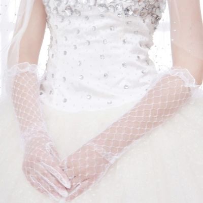 ﹊♗❦ Bridal Lace Gloves Wedding Gloves White Translucent Gauze Woman Gloves Summer Sun Protection Ladies Fingered Gloves Accessories