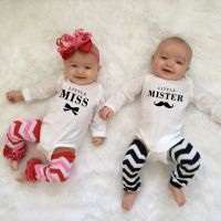 1 Pc Little Miss and Little Mister Baby Girls Boys Autumn Long Sleeves Jumpsuit Twins Baby Bodysuits Unisex Wear