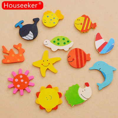 Houseeker 12pcs Colorful Kids Wooden Magnet Cartoon Pattern Kitchen Fridge Stickers Children Educational Toy
