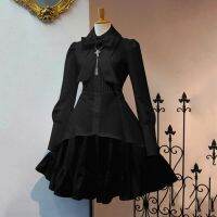 【HOT】♠ 2022 Gothic Dresses Big Size Bow Collar Pleated Up Goth Jurken