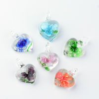 5pc  Handmade Luminous Lampwork Pendants with Inner Flower Heart Mixed Color 27-33x21-23x9-11mm Hole: 4-7mm