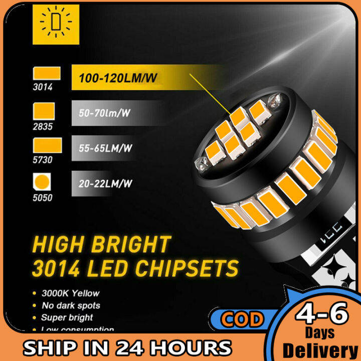 am-194หลอดไฟไฟ-led-t10-w5w-สีเหลืองอำพัน2825-12v-3000k-500lm-24-smd-ชิปเซ็ต3014หลอดไฟอะไหล่-led-แพ็คละ10ชิ้น