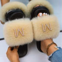 Women Fluffy Flip Flops Pearl Letter Faux Fur Slides Female Elegant Outdoor Slippers Luxury Designer Fur Sandals Casual Shoes