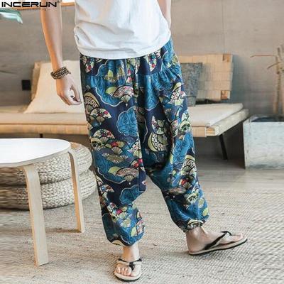 (ฝ้ายลีอาน) INCERUN Chinese Mens Wide Leg Harem Ethnic Linen Loose Pants Hakama Shorts