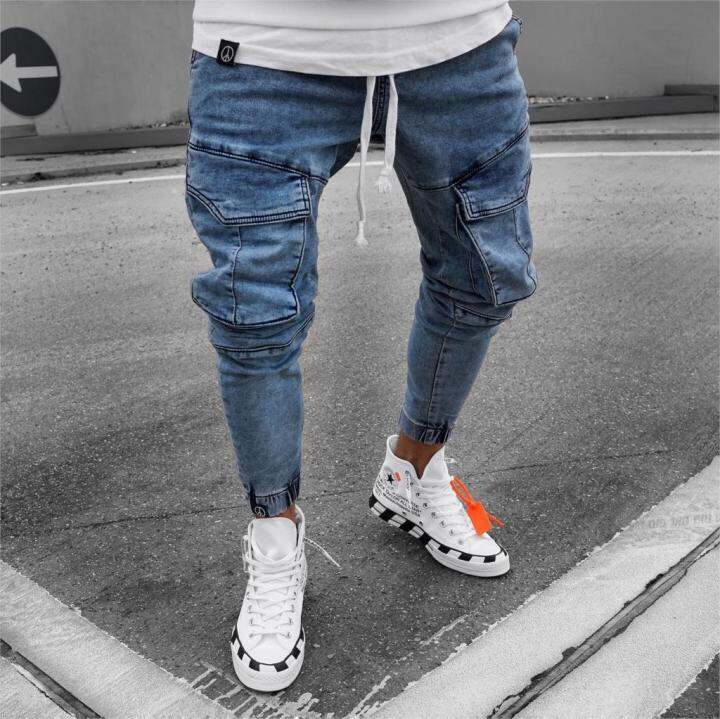 Mens Jeans with Side Pockets Denim Men Trouser New Slim Fit Jeans Men Slim  Elastic Waist Pants Calca Motociclista 