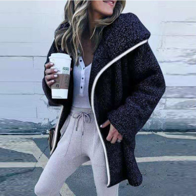 NEDEINS Winter Jacket Coat Woman Warm Turn-down Collar Long Jackets Fashion Lamb Wool Solid Color Long Sleeve Zipper Coats