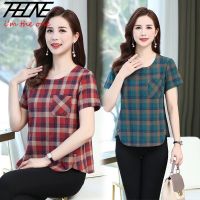 COD SDFGERTYTRRT THHONE Women Blouse Plus Size Cotton Round Neck Short-Sleeved Loose Shirt Womens Top With Pocket Plaid Shirt Slim Blouses Oversized Casual Fashion Clothing Korean Tops