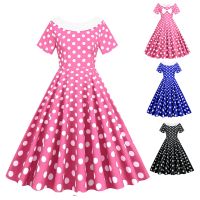 【CW】❁✉◐  Pink Dot Dresses 2023 Robe Pan Collar Short Sleeve Rockabilly Printed Vestidos Bow