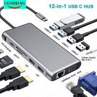 ประเภท C ฮับ Type-C ถึง1/2 HDMI-รองรับ4K ตัวรับ VGA RJ45 Lan อีเทอร์เน็ตการ์ดความจำ PD USB-C 3.0 3.5มม. เสียง/ไมโครโฟนสำหรับ Macbook Pro OTG