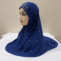 H016 Tudung ฮิญาบมุสลิมมุสลิมพร้อมลูกปัดผ้าพันคออิสลามคุณภาพสูงอาหรับหมวกสำหรับผู้หญิง