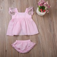 Summer Newborn Kids Baby Girl Clothes Pink  Lace Bow Dress Tops and Ruffles Skirted Baby Bloomers Shorts 2PCS Outfit  by Hs2023