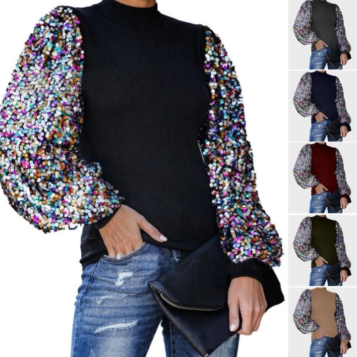 blouses-2020-fashion-mock-neck-patchwork-puff-sleeve-blouse-shirt-top