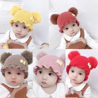 Baby Grils Knitted Beanies Hat Infant Dual Ball Crochet Beanie Kids Girls Toddler Cartoon Print Hats With Ball Design Casual Caps Headwear