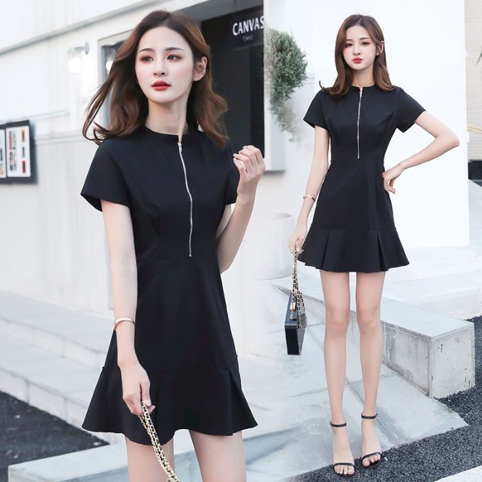 dress-model-baru-ฤดูร้อนกระโปรงสั้นเข้ารูปมีซิปสไตล์เกาหลีคอวีมีระบายชุดสีดำเล็กๆทรงผอมเพรียวแบบเกาหลี2022