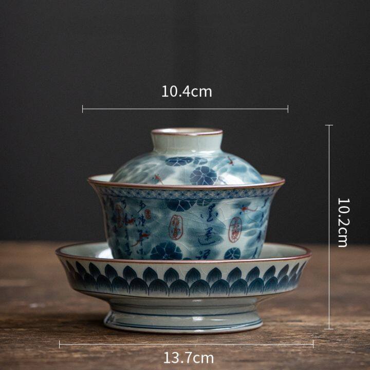 โบราณเต็มดอกไม้เซรามิกเปิด-gaiwan-สำหรับชาสีฟ้า-tureen-t-eaware-ชุดชามชาจีน-chawan-lily-เติ้งของร้านค้าถ้วยชา