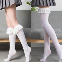 【jw】✶∋☑  Meias JK Longas com Plissado para Mulheres De Veludo Joelho Alto Sexy Kawaii Cosplay Anime Lolita Bonito Preto Branco Renda